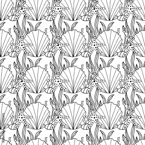 Zentangle stylized seashell and other sea inhabitants seamless pattern. Hand drawn aquatic doodle vector illustration