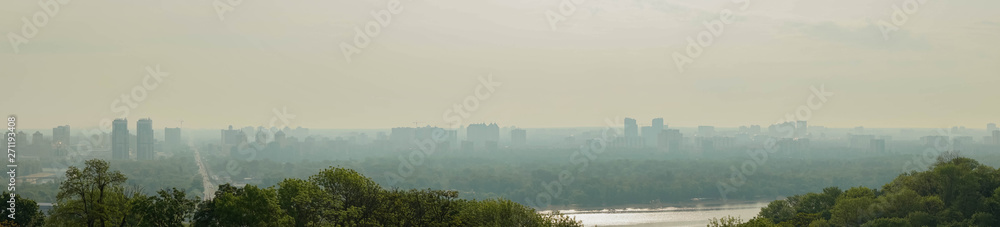 View of a large beautiful city in the early morning. Kiev. Ukraine.View of the city and the left bank from the Pechersk hills.
