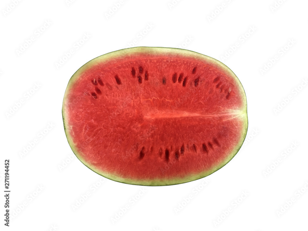 Watermelon slice half oval shape with seed isolated on white background Watermelon slice half oval shape with seed isolated on white background