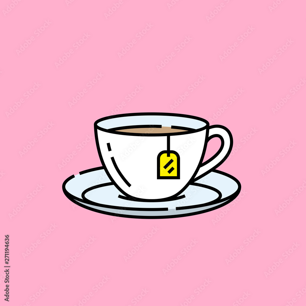 Teacup line icon. Porcelain Tea cup saucer with yellow label isolated on pink background. Vector illustration. Teacup line icon. Porcelain Tea cup saucer with yellow label isolated on pink background. Vector illustration.
