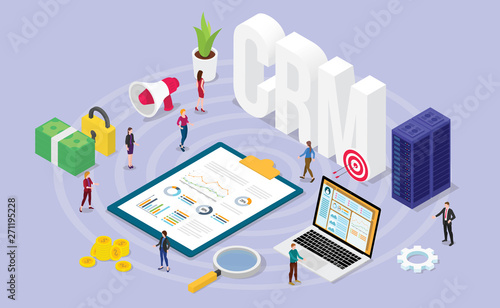 crm customer relationship manager concept with team people and financial admin data with isometric modern flat style - vector