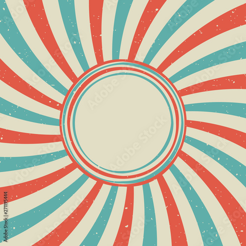 Sunlight retro faded background with shabby round frame for text. blue and red color burst background.