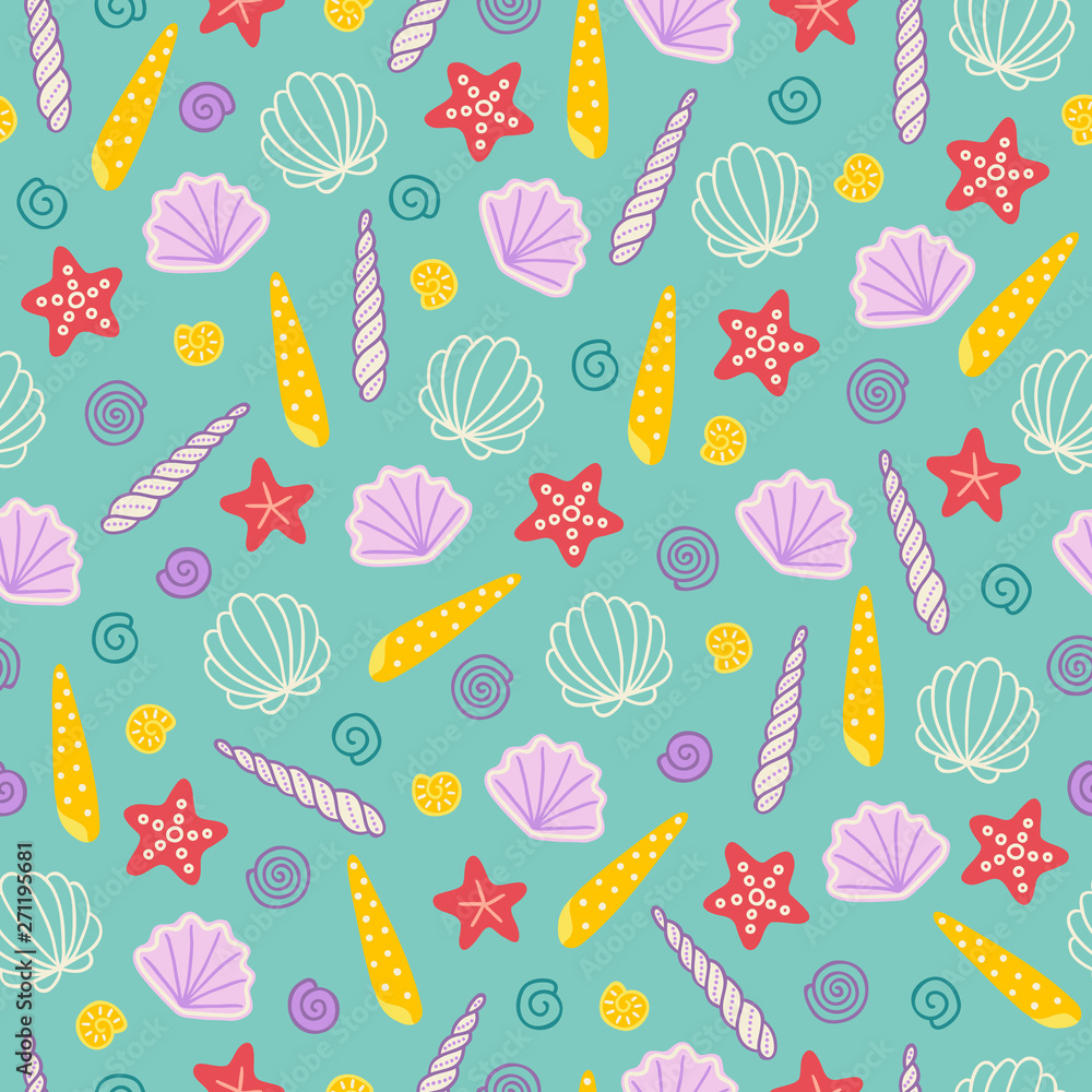 Sea seamless pattern with starfish and colorful shells