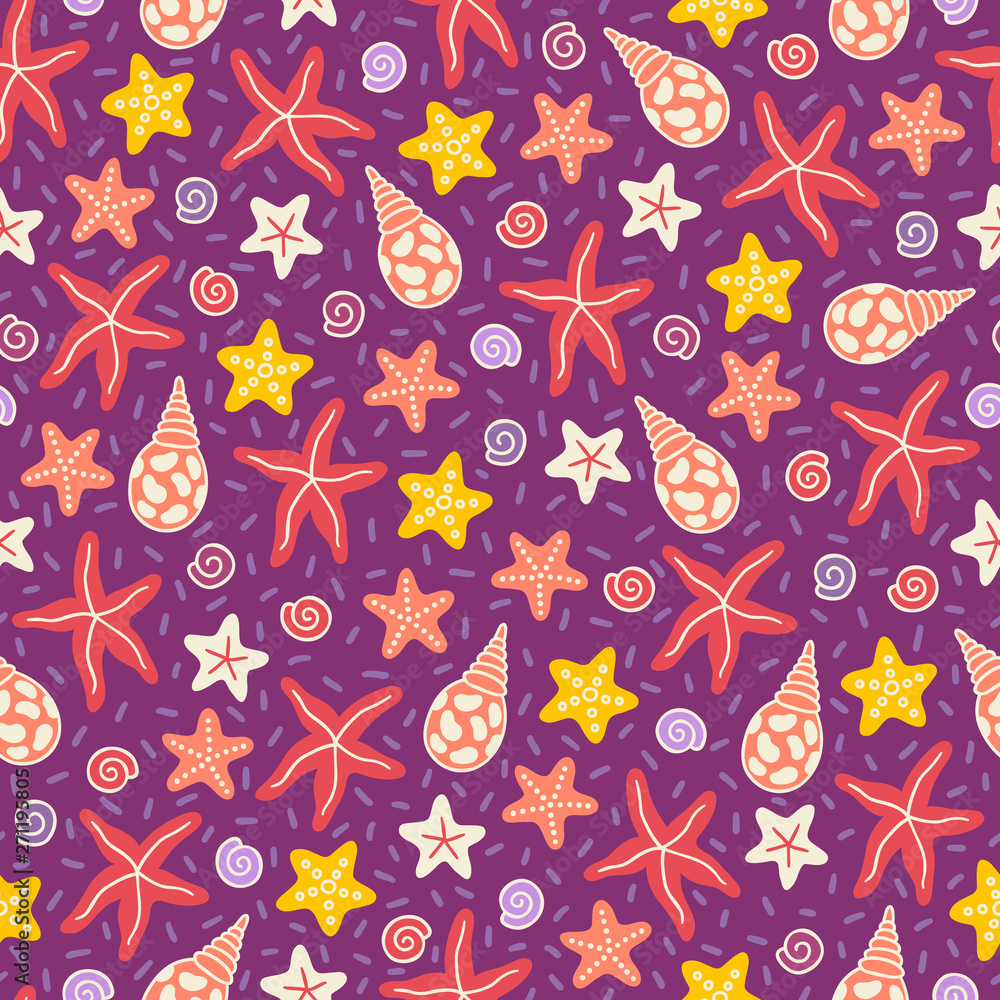 Sea seamless pattern with colorful shell and starfish Sea seamless pattern with colorful shell and starfish