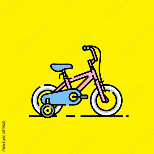 Kids bicycle icon. Girls cute pink bike symbol with safety wheels isolated on yellow background. Vector illustration.