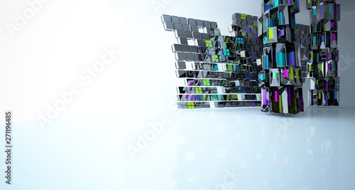 Abstract white, black and colored interior multilevel public space with window. 3D illustration and rendering.