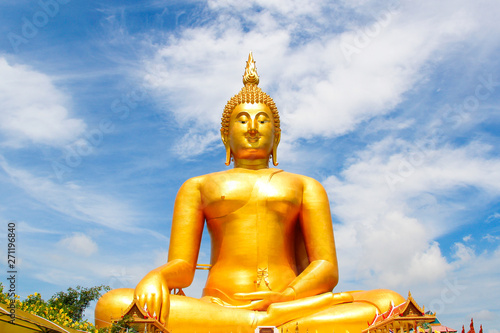 Big Golden Buddha with blue sky blue at Wat Muang  Ang Thong Province  Thailand