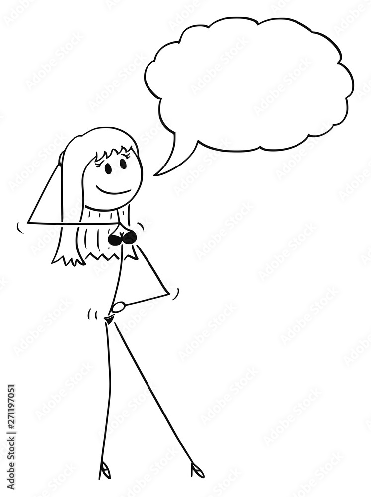 Vector cartoon stick figure drawing of young sexy woman wearing underwear or lingerie or bikini and standing in seductive pose and saying something. Empty speech bubble ready for your text. Vector cartoon stick figure drawing of young sexy woman wearing underwear or lingerie or bikini and standing in seductive pose and saying something. Empty speech bubble ready for your text.