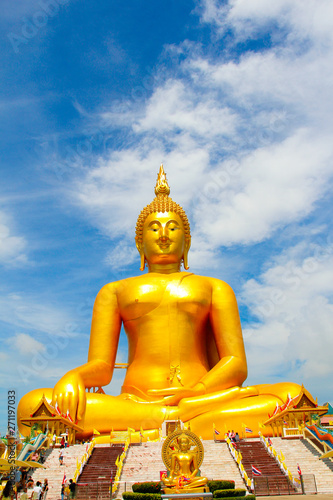 Big Golden Buddha with blue sky blue at Wat Muang  Ang Thong Province  Thailand