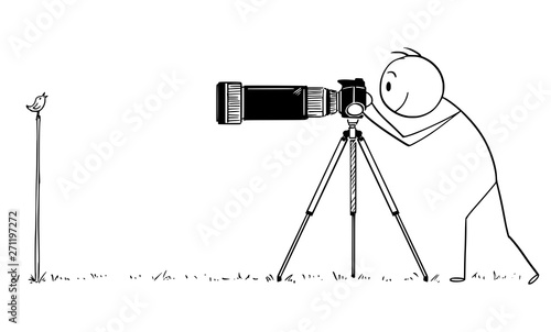 Vector cartoon stick figure drawing conceptual illustration of man with camera on tripod or photographer taking photo of small bird in nature.