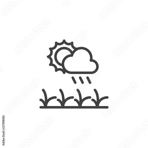 Field watering by rain line icon. linear style sign for mobile concept and web design. Sun, cloud and rain watering plant outline vector icon. Agriculture and farming symbol, logo illustration. 