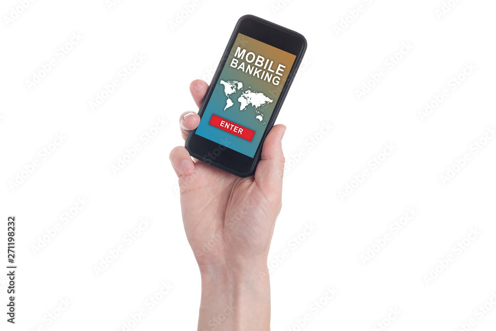 Online Mobile banking concept on screen. Male hand using mobile banking on smart phone Online Mobile banking concept on screen. Male hand using mobile banking on smart phone