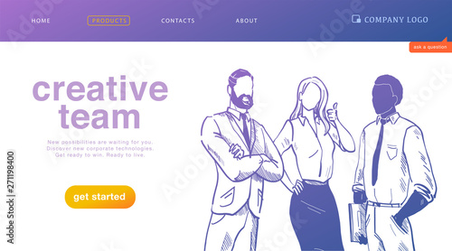 Vector landing page design concept for business creative team work, success solutions, deal and support with office people stand together on white background. Sketch style. Website, mobile app, banner