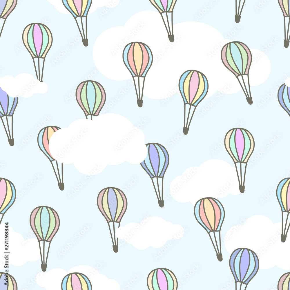 Cute air baloons of different colors flying in the light blue sky with white clouds. Cartoon vector illustration