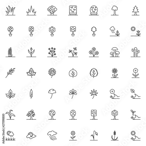Nature plants line icons set. Gardening linear style symbols collection, outline signs pack. vector graphics. Set includes icons as potted flowers, exotic tropical tree leaves, grass, bush, shrub 