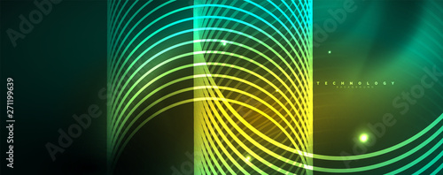 Shiny neon lines template - northern lights glowing blur lines. Futuristic style glow neon 80s disco club or night party techno template