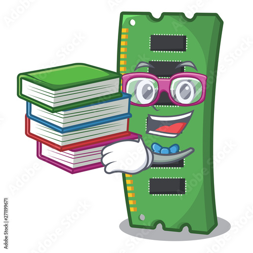 Student with book RAM memory card above cartoon table