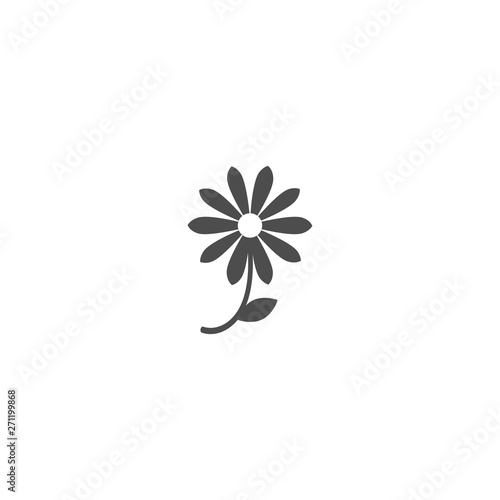 Black flat icon of camomile flower with curved sprig and leaf.