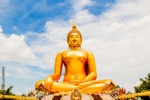 Big Golden Buddha with blue sky blue at Wat Muang  Ang Thong Province  Thailand