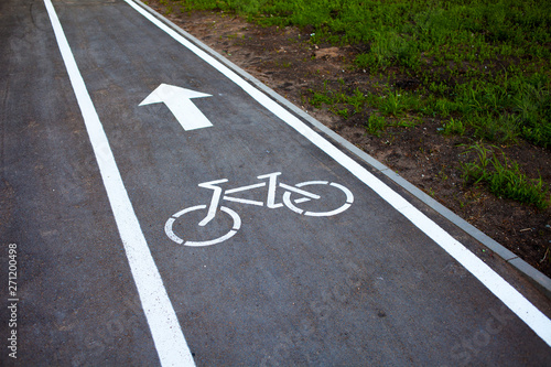 Bike path. Sign white paint on the pavement. Summer © Larisa
