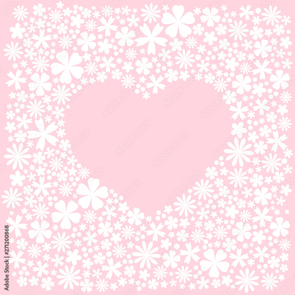 Greeting card with heat of white flat flowers. Pink background. Vector wedding illustration.