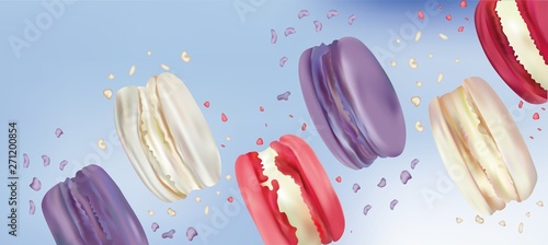 Colorful macaroon in motion isolated on blue background. Differend sweet french macaroons close up. Falling macaroons. 3d vector iliustration.