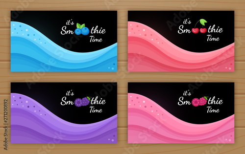 Set of natural smoothie berry shake vector illustration. Berries, straw and colorful layers of smoothies cocktail or wavy frozen yogurt, smoothie logo for fitness landing page or promo banner