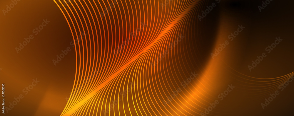 Bright neon circles and wave lines, glowing shiny background design template, digital techno concept. Bright neon circles and wave lines, glowing shiny background design template, digital techno concept.