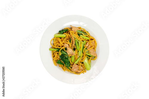 Chinese fried noodles with pork And Cantonese vegetables, Hokkien Noodles, Phuket traditional food, isolated white background, clipping path. photo
