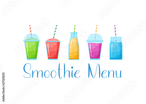 Natural fruit smoothie rainbow logo vector illustration. Sweet protein shake or vegeterian juicy cocktail set in glass cup with straw isolated on white background for smoothie social media banner