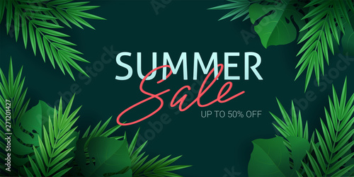Hello summer, summertime. The text poster against the background of  gold tropical plants. Palm leaves, jungle leaf and handwriting lettering. The poster for sale and an advertizing sign.  Vector