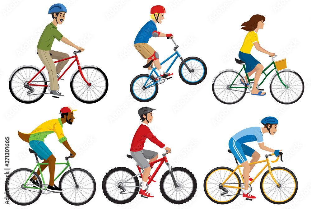 Fototapeta premium people riding various of bicycle in set