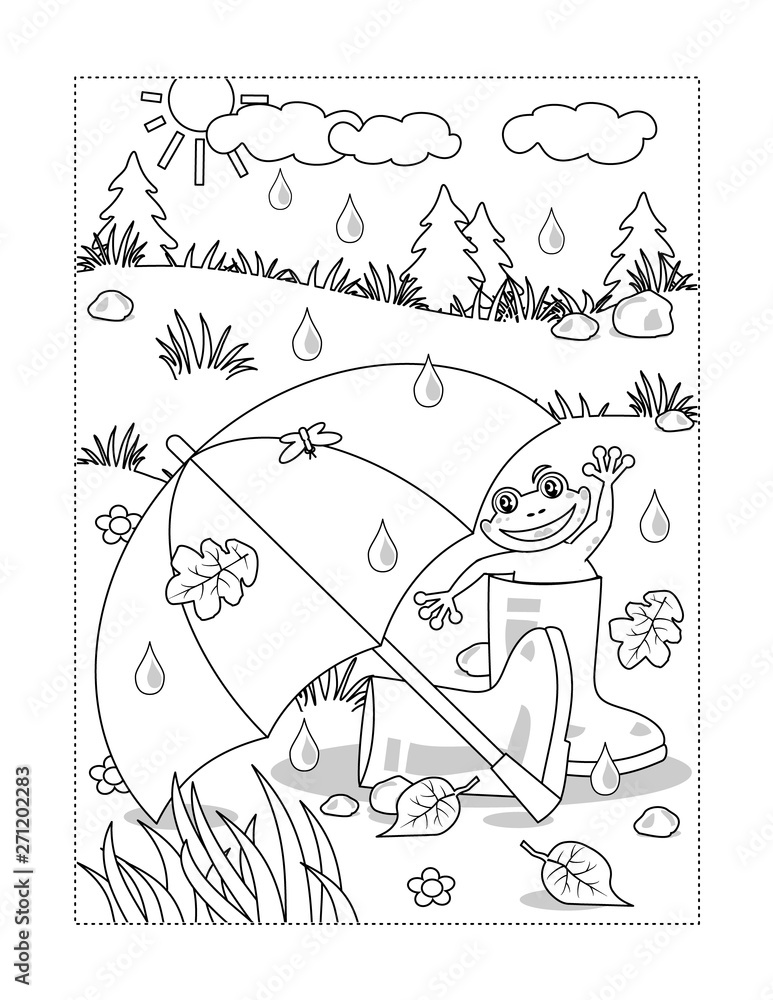 Rainy autumn or summer day fun coloring page with umbrella, gumboots and happy frog