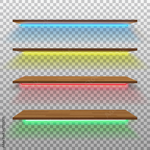 Vector empty wooden shelf with neon lamps isolated on checkered background
