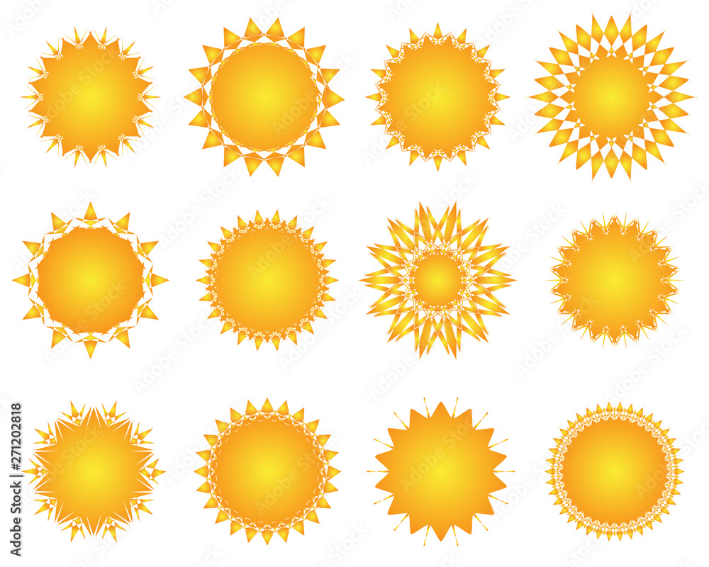 Sun icon set. Geometric retro sunburst shapes. Ethnic mandala design Sun icon set. Geometric retro sunburst shapes. Ethnic mandala design