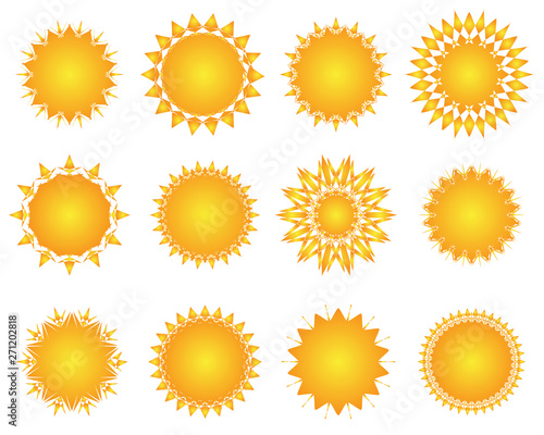 Sun icon set. Geometric retro sunburst shapes. Ethnic mandala design
