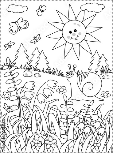 Spring or summer joy themed coloring page with sun  snail  butterflies and wildflowers