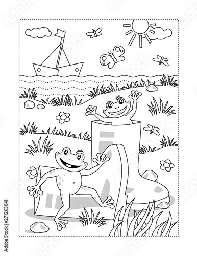 Summer joy themed coloring page with gumboots and happy playful frogs.