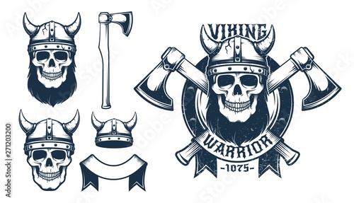 Viking skull emblem with crossed axes. Horned helmet and battle ax as separate design elements. Vector illustration. Grunge worn texture on separate layer.