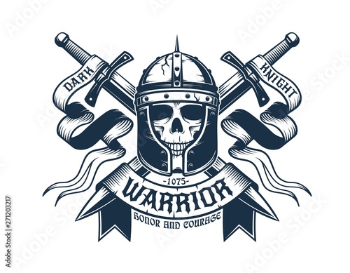 Medieval coat of arms. Skull warrior in helmet, crossed swords and heraldic ribbons. Vector illustration.