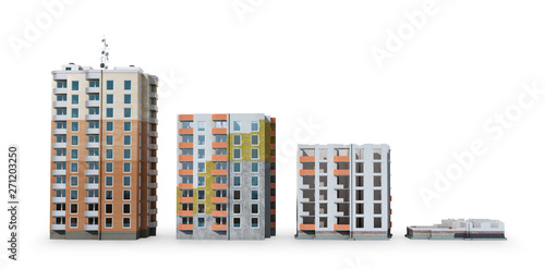 Building. Phased construction of a modern residential complex  isolated on white background. 3D illustration