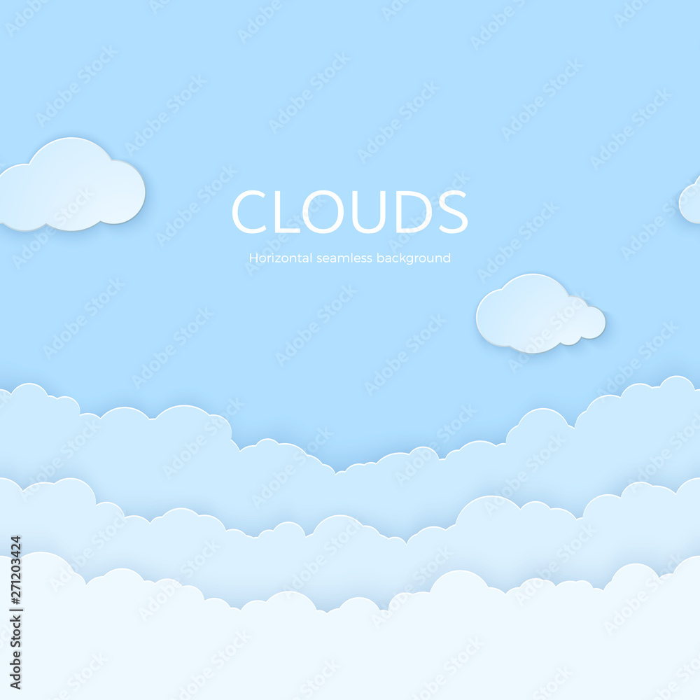 Naklejka Streszczenie poziome chmury bezszwowe papieru. Papierowe chmury na niebieskim tle. Ilustracja wektorowa