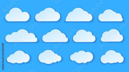 Abstract paper clouds set. Paper clouds design on blue background. Vector illustration