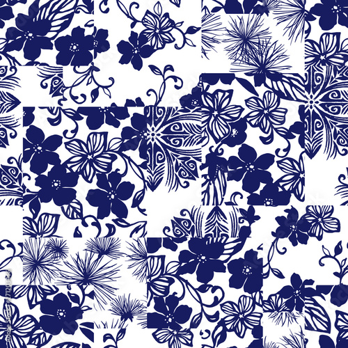 Tropical flower plant patchwork illustration pattern