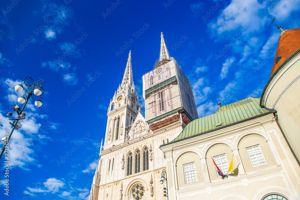Catholic neo gothic Cathedral in city center of Zagreb, Croatia, Kaptol district towers and old defensive walls