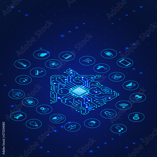 Smart house concept. Circuit house silhouette and icons of remote controle system. Vector illustration