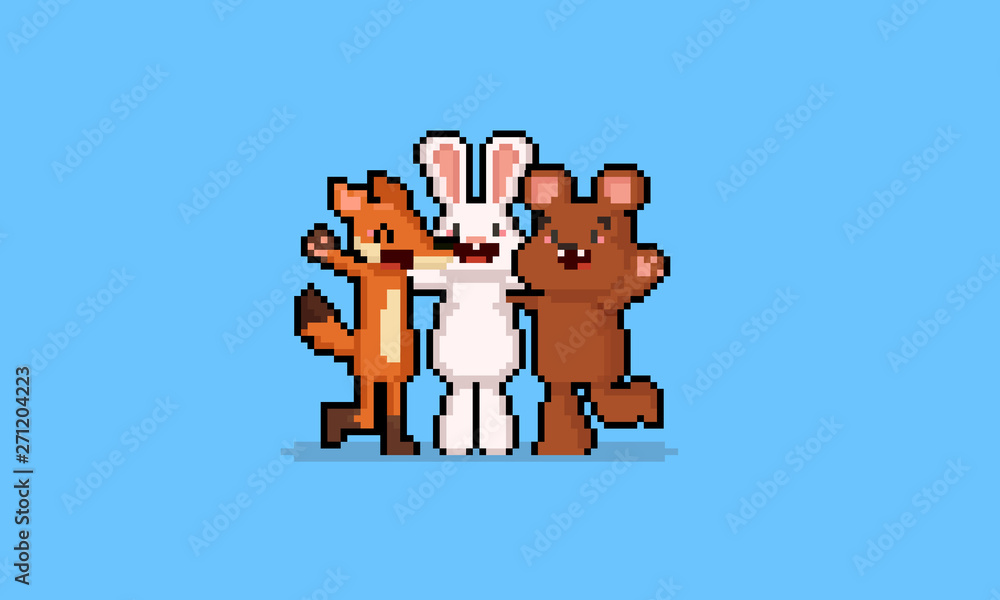 Pixel art cartoon animal friend group character.8bit.