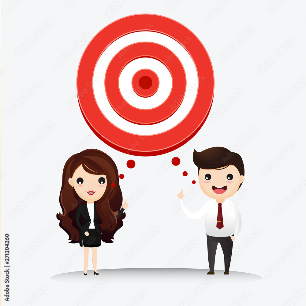 Business man and business woman talk with target to success. Business man and businesswoman with target in his think bubble. vector, illustrationn Business man and business woman talk with target to success. Business man and businesswoman with target in his think bubble. vector, illustrationn