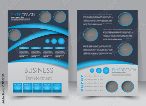 Flyer template. Business brochure. Editable A4 poster for design, education, presentation, website, magazine cover. Blue color.