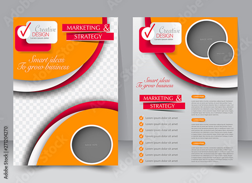 Brochure template. Business flyer. Editable A4 poster for design, education, presentation, website, magazine cover. Red and orange color.